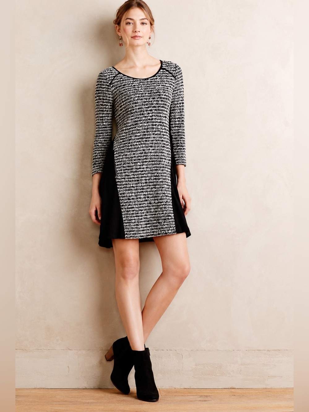 Anthropologie Maeve Textured Knit A-Line Dress Faux Leather Trim Small
